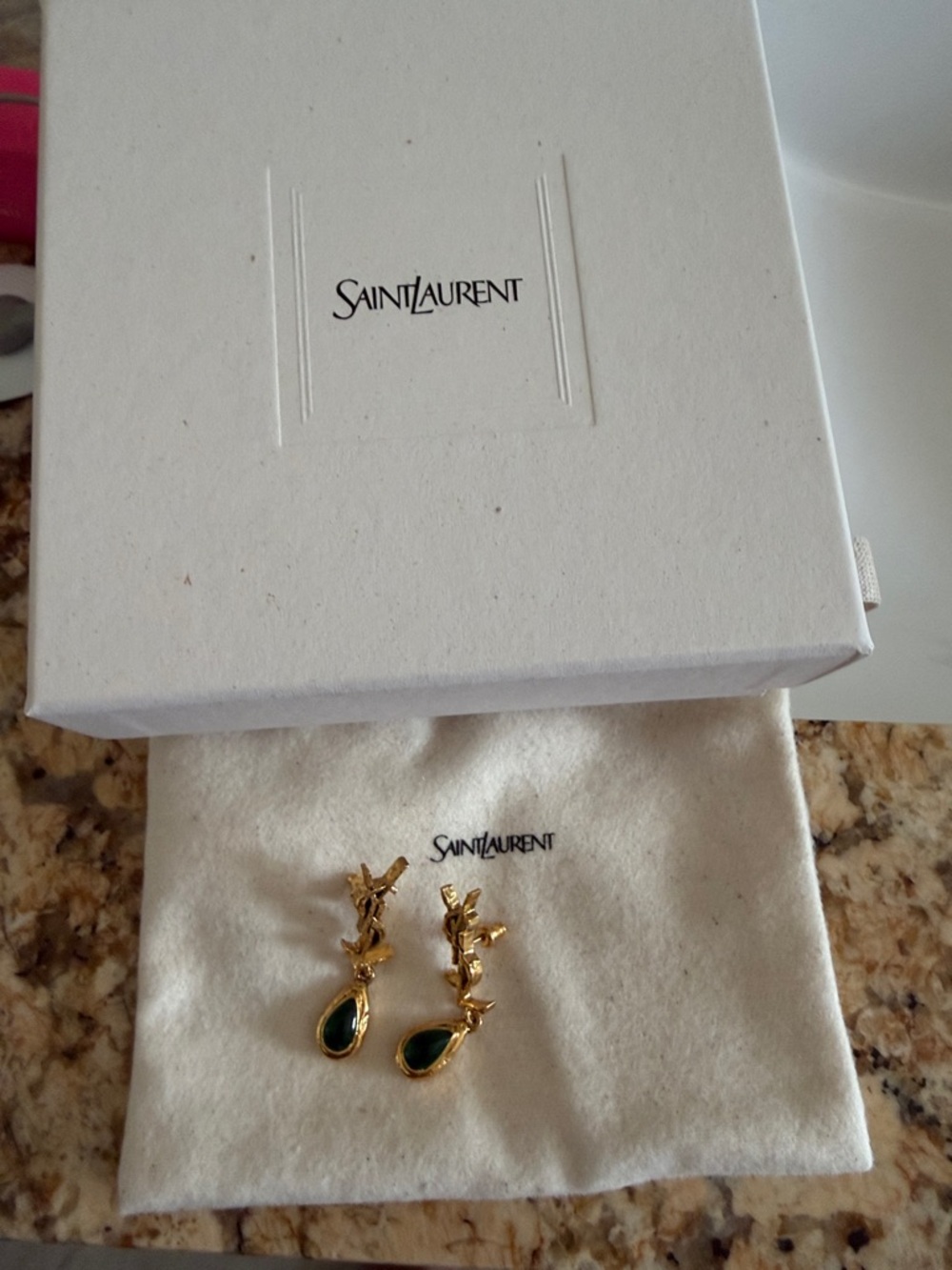 Saint Laurent Gold-tone Earrings with Emerald Teardrops